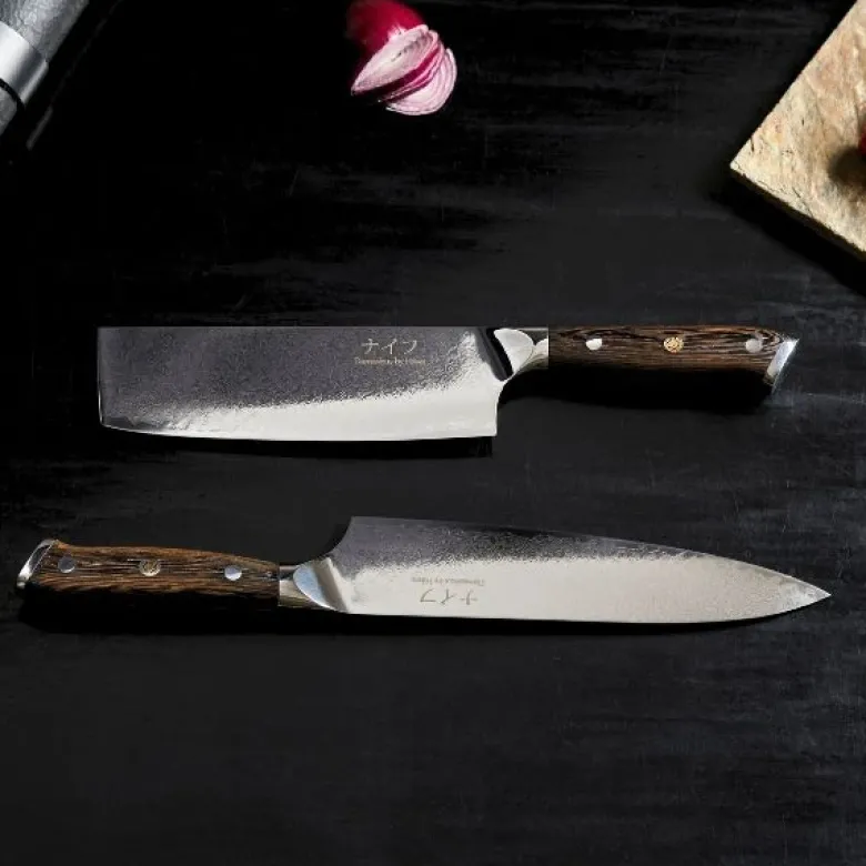 Damascus By Hâws kokkekniv 32 cm + grøntsagskniv 30 cm Wengé