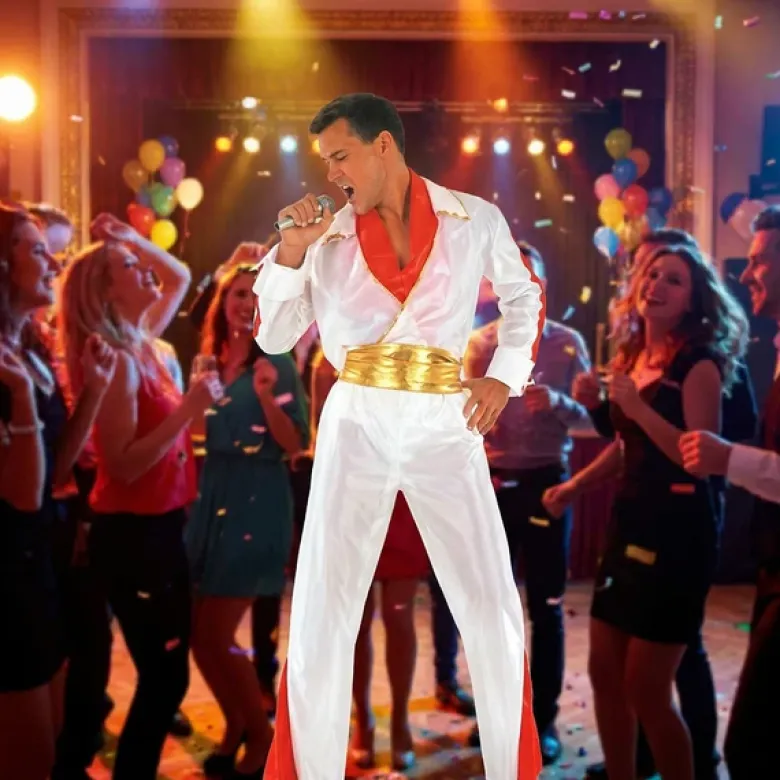 Elegant Elvis rollespilssæt (skjorte bukser bælte tørklæde) størrelse L