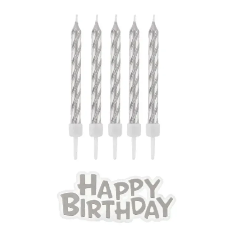 Fødselsdagslys B&C Happy Birthday sølv 16 stk.