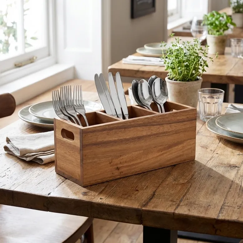 GenWare Acacia Wood Bestikboks med 3 rum