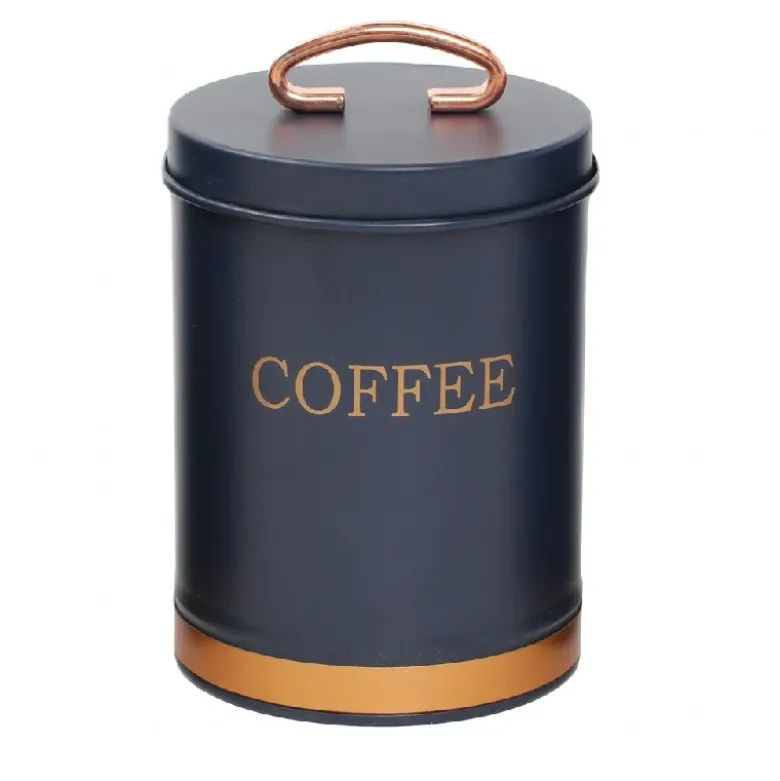Metalopbevaring kaffe Blå med guld, str. 11x15 cm