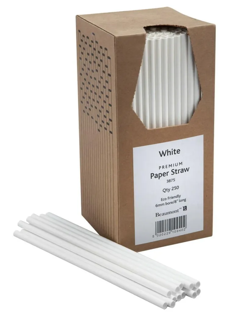 Papirsugerør 20cm 6mm - Hvid Pk 250