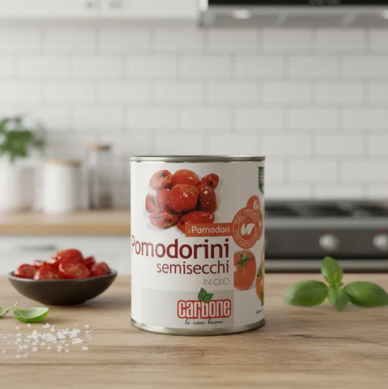 Tomater semi dry cherry røde halve dåse 800 g